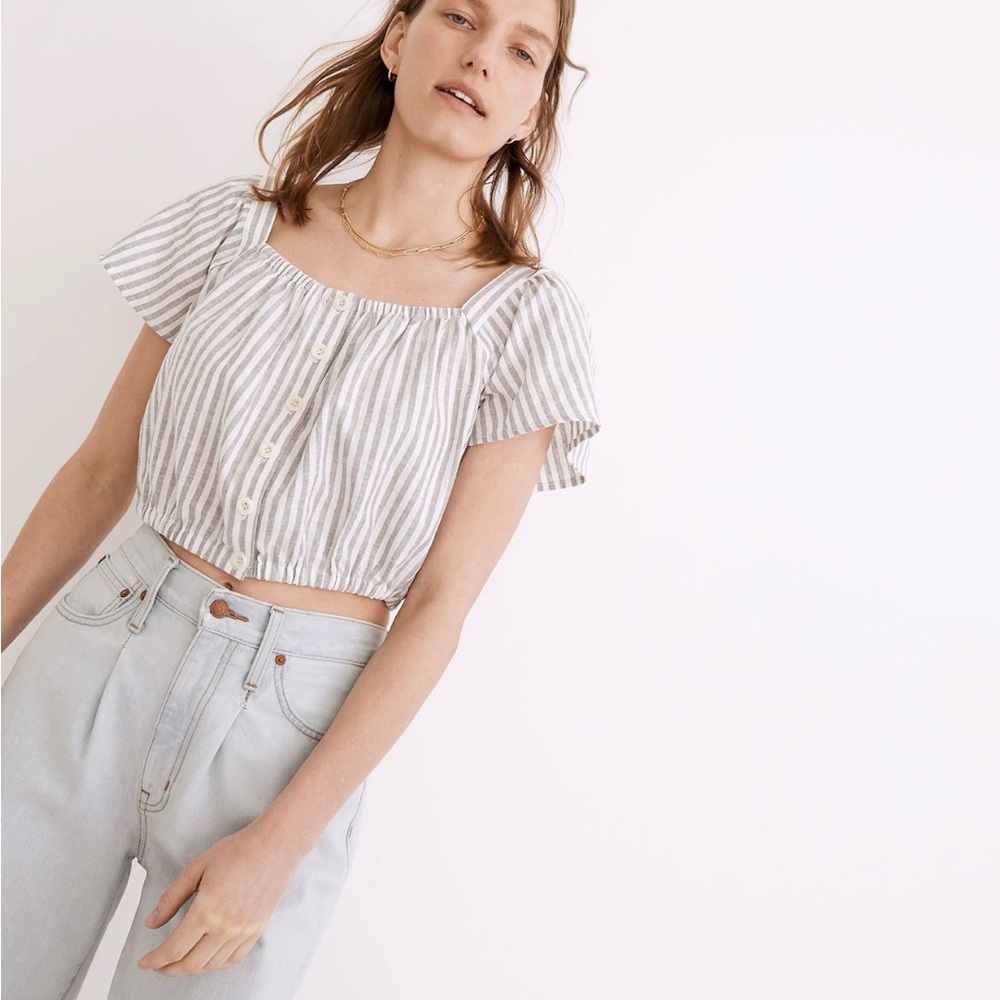 Madewell flutter sleeve button front crop top in stripe